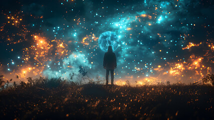 A dramatic digital composition where a solitary figure stands watching a mesmerizing intergalactic phenomenon unfold in the night sky above a wild meadow