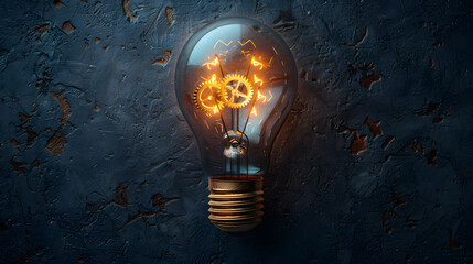 A light bulb glowing with golden gears inside, set against a textured dark blue background
