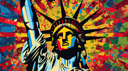 The Statue of Liberty depicted in a vivid pop art style, symbolizing American freedom with a modern...