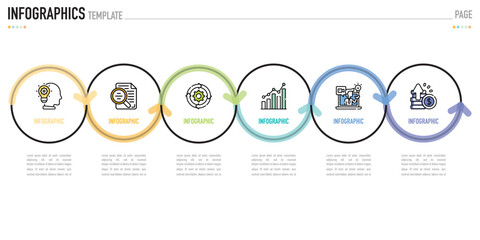 Circular linear infographic template or element with 6 step, process, option, colorful connected circle, label, shadow, minimal style for sale slide, agenda, schedule, flowchart, workflow, calendar
