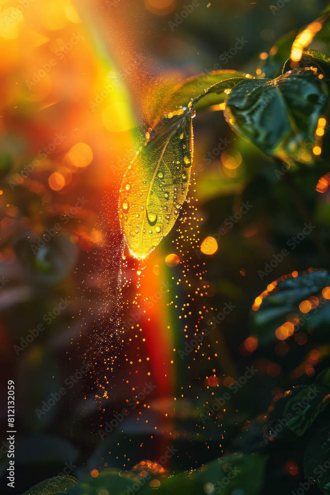 Poster artistic scene of a rainbow formation due to refraction and reflection of sunlight in raindrops,