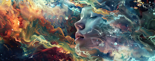 A woman stands facing a swirling vortex of ethereal smoke and glowing orbs of light in a surreal, dreamlike environment.