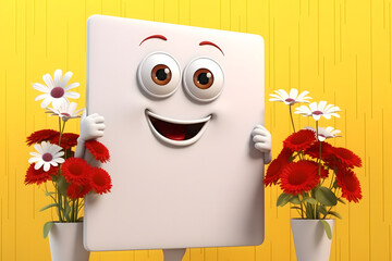 3d funny cartoon character with empty board for advertisement, 
