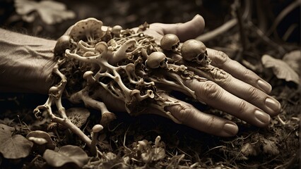 Cycle of Nature: Skeletal Hand and Mushrooms - A Symbol of Life, Impermanent and Decay
