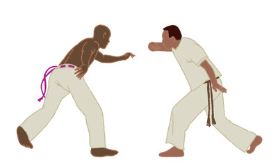 Brazilian from the state of Bahia are playing capoeira. Capoeira masters swaying. Isolated on trasnaparent background.