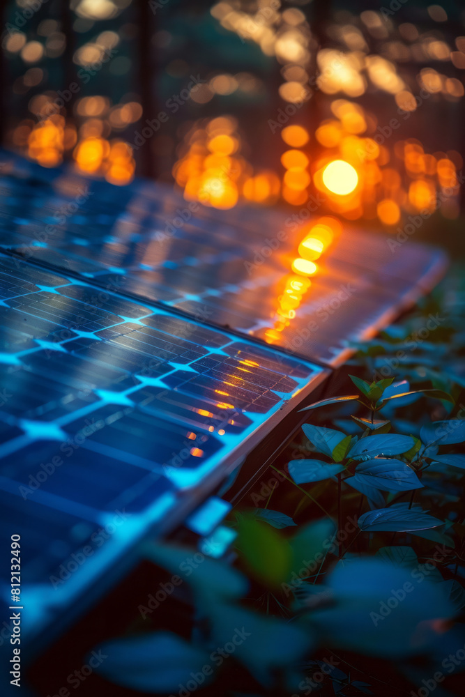 Poster Conceptual image of a photovoltaic cell converting sunlight into electricity, highlighting the flow of photons,