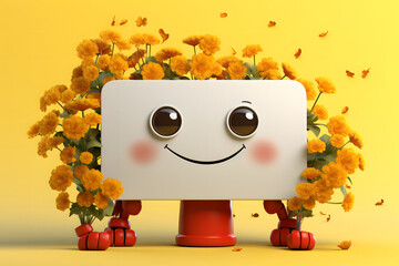 3d funny cartoon character with empty board for advertisement, 
