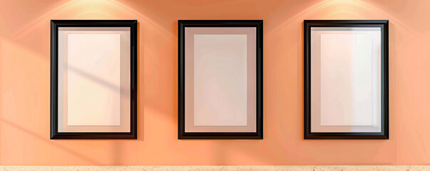 Boutique craft store with three empty posters in artistic black frames spotlighted against a pastel orange wall suitable for craft supply promotions or workshop announcements