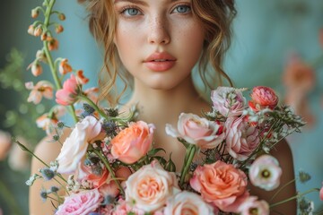 Fototapeta premium A gorgeous young girl's face framed by a lush floral arrangement in soft focus