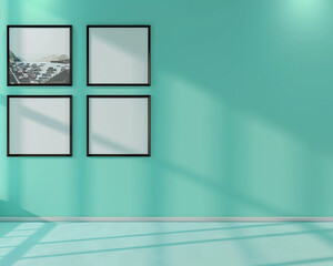 Boutique travel agency with three empty posters in elegant black frames spotlighted against a bright aqua wall perfect for travel package promotions or destination highlights