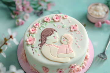 Special Cake with Illustration Depicting Mother-Daughter Love