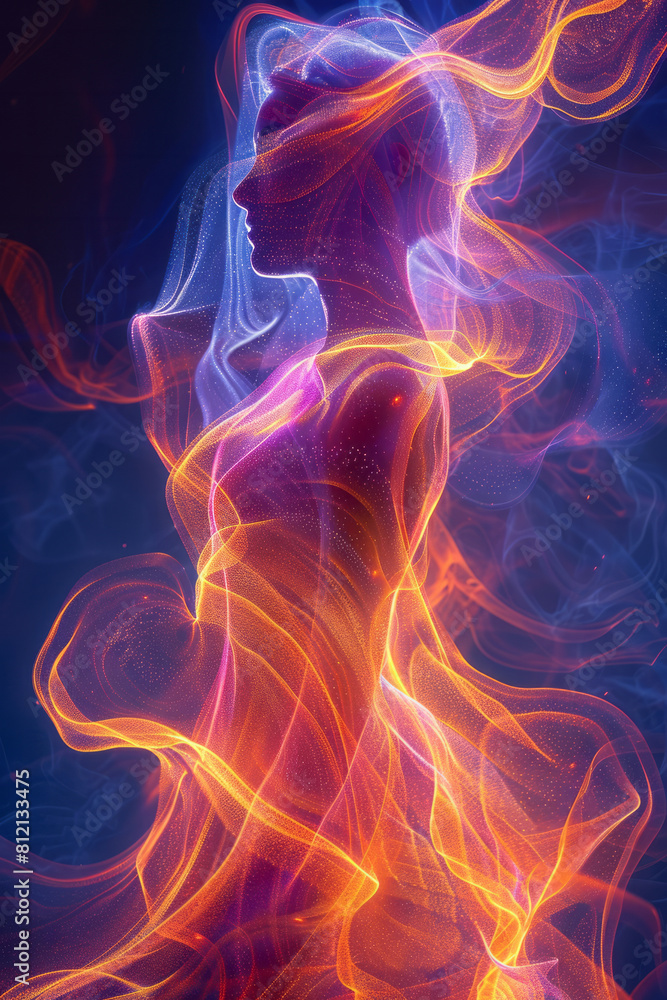 Poster illustration of the random motion of particles in brownian motion, visualized as a dynamic dance,