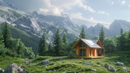 solarpowered tiny house in majestic mountain landscape 3d rendering