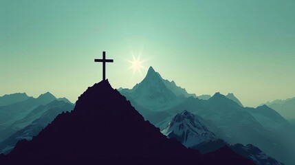 solitary cross silhouetted against serene mountain peak uplifting symbol of faith minimalist vector illustration
