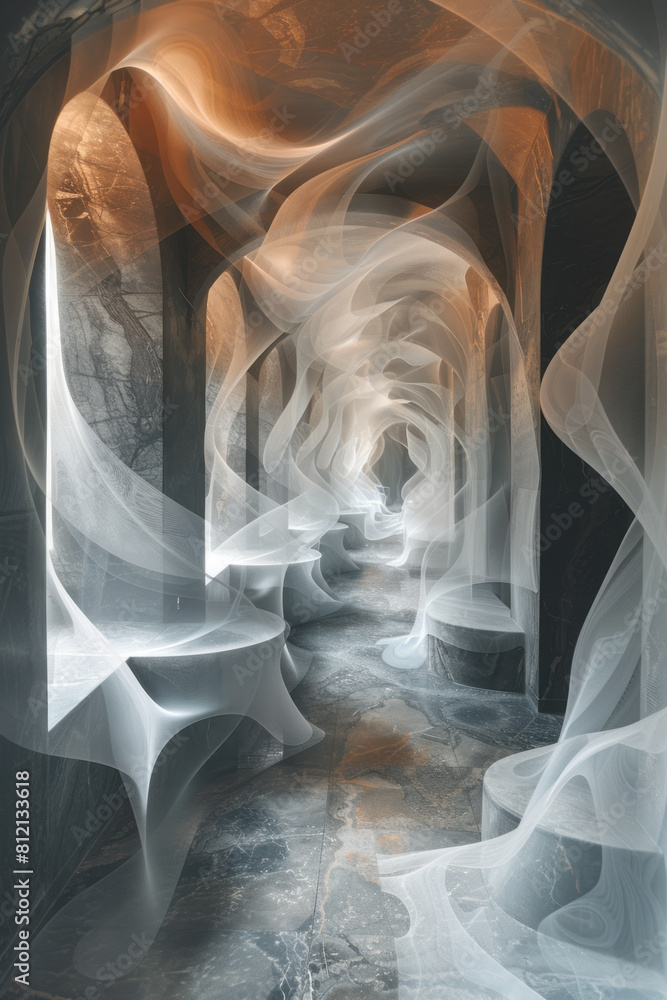 Poster illustration of a chaotic acoustic system, showing sound waves creating unpredictable echo patterns 