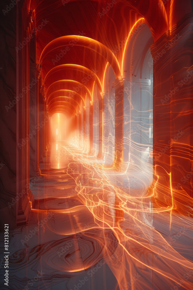 Poster illustration of a chaotic acoustic system, showing sound waves creating unpredictable echo patterns 