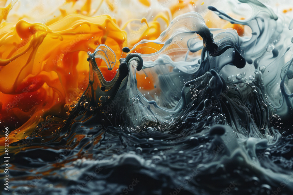 Poster artistic scene showing the chaotic mixing of two colored liquids, creating intricate and unpredictab