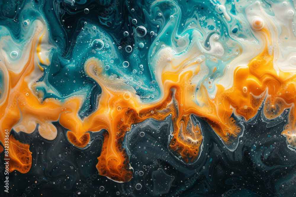Poster artistic scene showing the chaotic mixing of two colored liquids, creating intricate and unpredictab