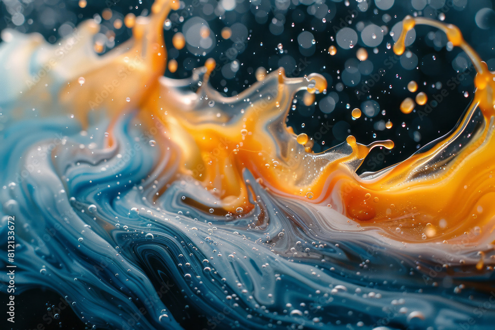 Poster artistic scene showing the chaotic mixing of two colored liquids, creating intricate and unpredictab