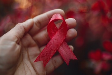 A poignant and focused image of a red satin awareness ribbon symbolizing support for HIV/AIDS held in a hand