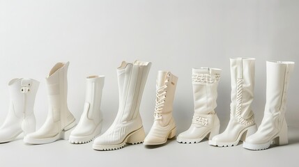 stylish white boots in various designs cutout collection on white background fashion photography