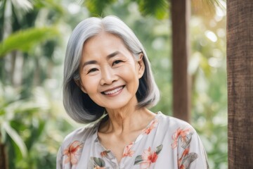 an elderly Asian woman radiates beauty against a tropical backdrop, perfect for promotional banners.