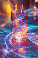 Visualization of an optical lens bending light beams, showing the principle of refraction in a colorful display,