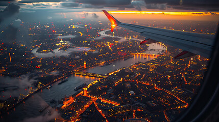 View from an airplane window showing a wing over a brilliantly lit cityscape at night, under a...