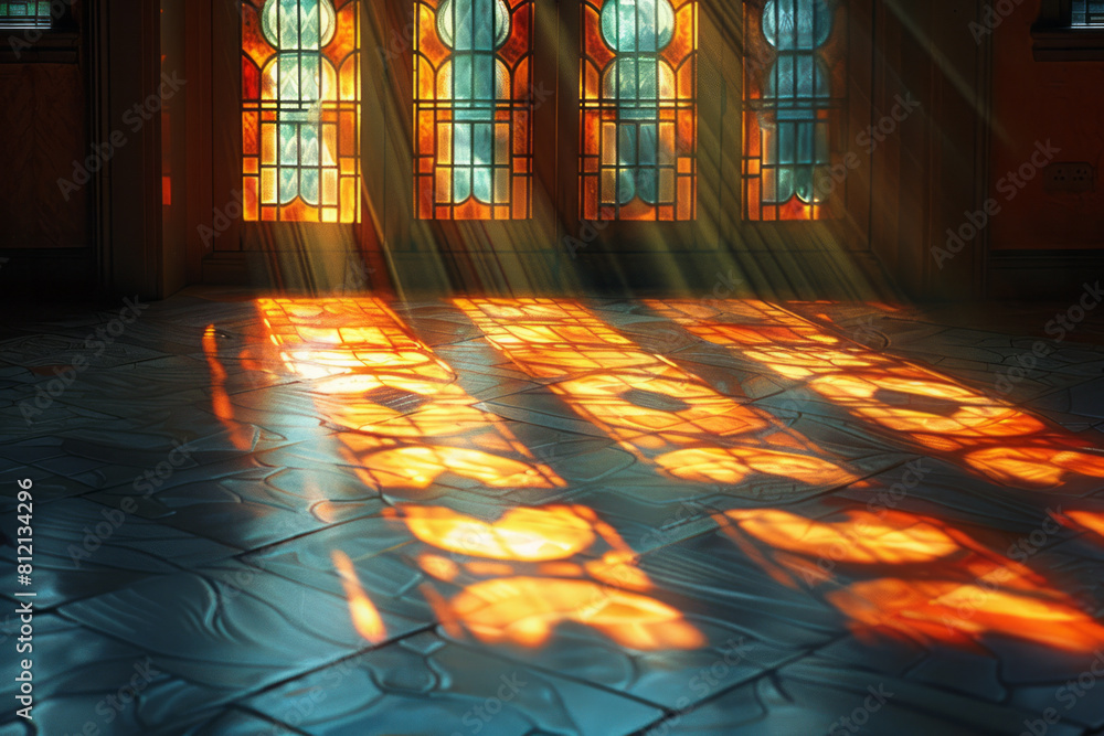Poster diagram showing light passing through a glass window with textured patterns, creating dynamic shadow