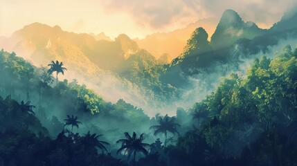 tranquil misty rainforest with lush green foliage and majestic mountains at sunrise nature landscape digital painting