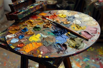 Mixing of the paint on the palette and painting