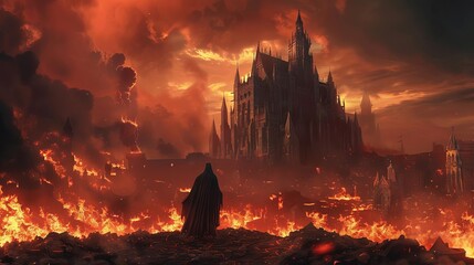 ultimate god of death ruling over hell dark fantasy scene with fire and castle digital painting