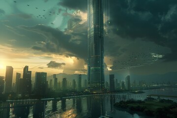 Naklejka premium Develop a concept for a skyscraper that serves as a hub for technological innovation and research.