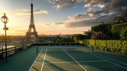 An overhead view of multiple tennis courts in action near the Eiffel Tower on a sunny Parisian day. - Powered by Adobe