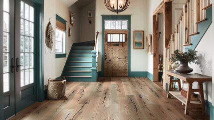 Cozy foyer featuring a teal staircase an aged wooden door and a light wide plank hardwood floor