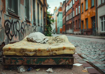 In an abandoned place on the street there is a humble shelter of a homeless man, where he sleeps on a ruined bed with a dirty mattress and bedding. It is a place full of oblivion and loneliness.