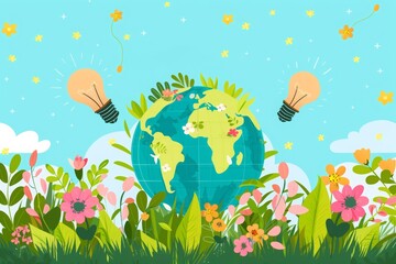 World environment day concept with trees, flowers and light bulb on the earth illustration. On top of an isolated blue sky background. World Wildlife Day wallpaper design.