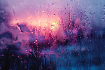 Visualization of condensation droplets on a window during a cold morning, each droplet refracting the dawn light,
