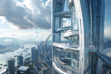 Develop a concept for a skyscraper that serves as a vertical transportation hub, connecting...