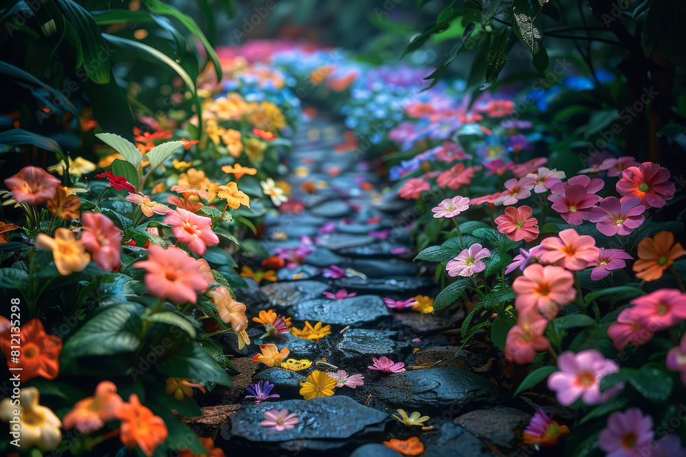 Poster artistic scene depicting a garden with flowers illuminated by different colors from a spectrum creat