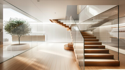 Elegantly crafted wooden and glass staircase in a luxurious minimalist home showcasing pure modern elegance