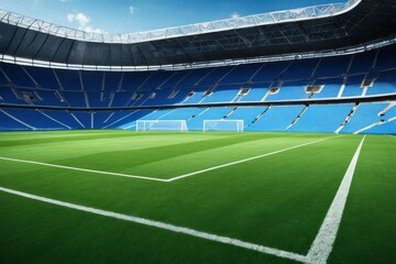 Empty soccer stadium bathed in daylight with spectacular view of seating area and playing field