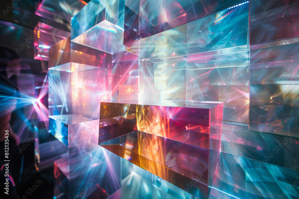 Poster art piece illustrating the use of prisms in a light show, with lasers and white lights creating a dy