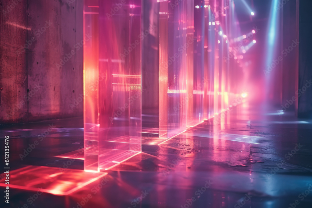 Poster art piece illustrating the use of prisms in a light show, with lasers and white lights creating a dy