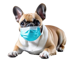 French Bulldog wearing medical face mask cut out. French Bulldog PNG. Dog wearing a mask during a quarantine. Concept of protection against disease. Veterinary clinic concept