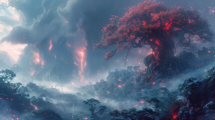 The image is depicting a scene of a forest with a large tree in the center