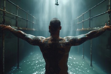 A man with full-back tattoos is captured with his arms outstretched in a dramatic shower scene, with light streaming in