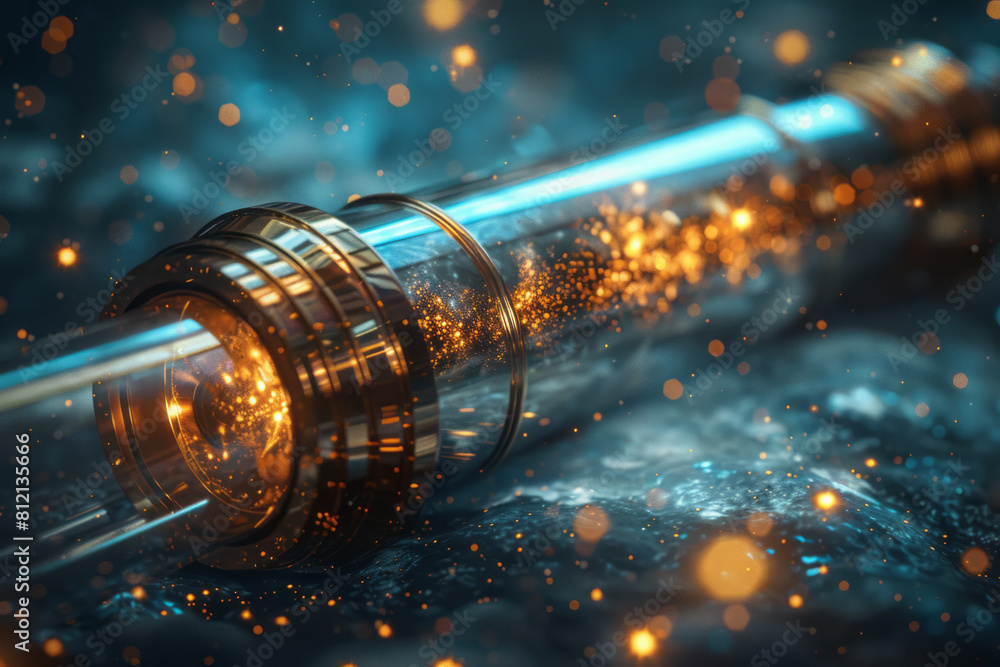 Poster artistic scene showing a prism at the end of a telescope, used to analyze the light from distant cel