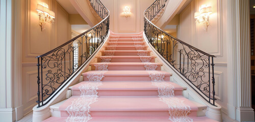 Elegant home foyer with blush pink carpeted stairs flanked by a wrought iron railing and a delicate lace runner A series of soft sconces creates a warm inviting effect