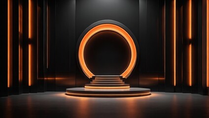 3D render of a podium abstract door light fantastic scene with orange light element on black background